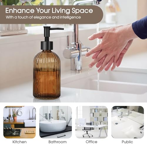 Stripe Amber Glass Soap Dispenser with Black Plastic Pump - 400ml