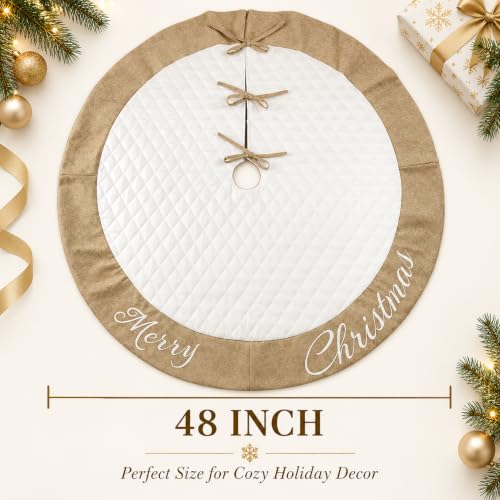 48-Inch White Quilted Cotton Christmas Tree Skirt with Burlap Decor