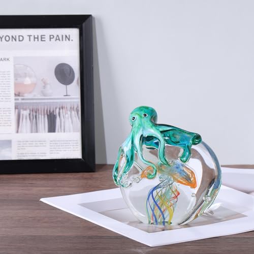 Blue Orange Glass Octopus Jellyfish Sea Creature Sculpture Home Decor Office Paperweight