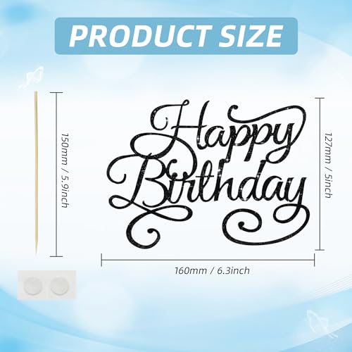 Happy Birthday Cake Topper - Black Glitter Decoration
