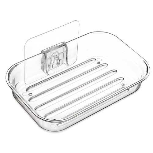 Adhesive Soap Dish for Shower Wall - Self-Draining Clear Plastic Holder