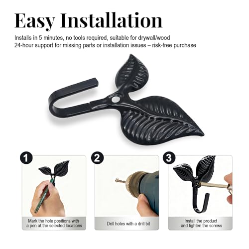 4-Pack Black Iron Leaf Wall Hooks - Heavy Duty Towel Hooks, 2.94 Inches