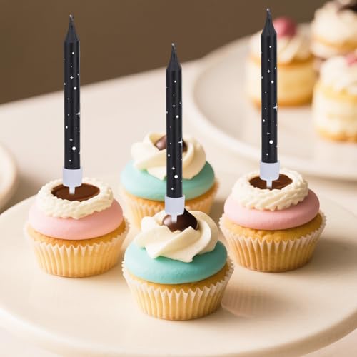 Galaxy Space Themed Birthday Cake Candles - 12 Long Black Cupcake Toppers