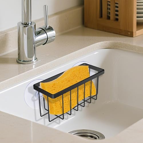 Kitchen Sponge Holder with Quick Drainage - Space-Saving Sink Caddy (Black)