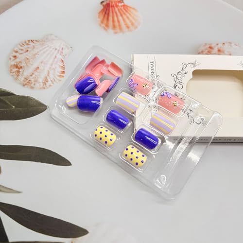 Purple Short Square Press on Nails with Bee and Flower Design Glossy Fake Nails Kit