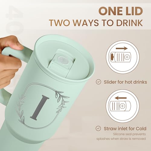 Personalized 40oz Monogrammed Tumbler with Handle - Letter I Insulated Travel Cup for Women & Gift