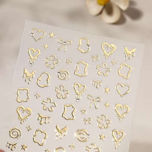 SIMAYKUWA Gold Silver Nail Art Stickers - 2-Sheet Metallic Heart Bow Decals
