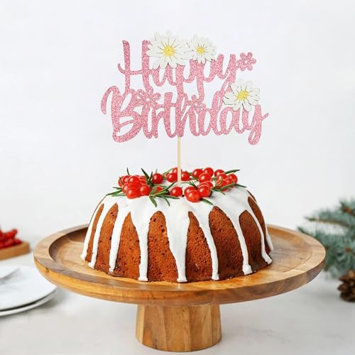 Pink Glitter Daisy Cake Topper for Birthday Parties