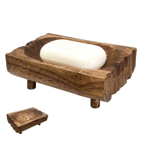 Teak Wood Soap Holder with Drain Holes - Handmade Rustic Dish