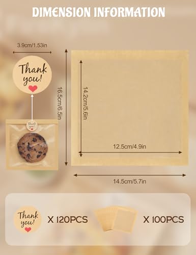 FireKylin 100pcs Kraft Cookie Bags with Window, 5.7"x6.5" Bakery Packs