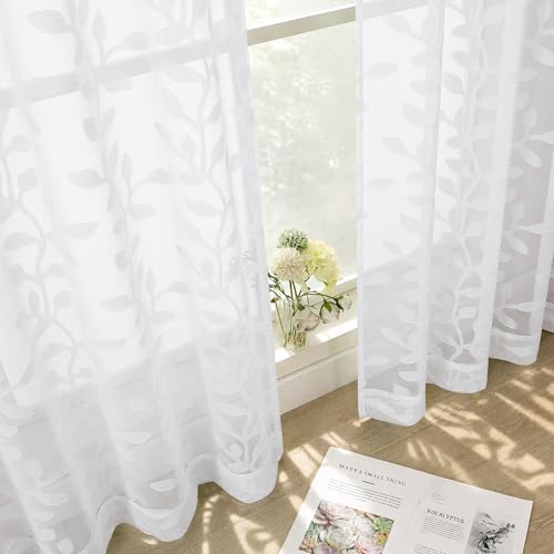 Light Filtering Leaf Jacquard Sheer Curtains 84" Long - 2 Panels Set, 37"W Each
