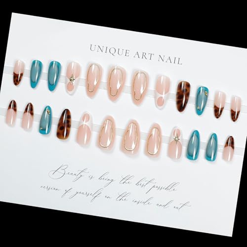 KKUUOO Nude Medium Almond Press On Nails 3D Gold Pearl & Leopard Print