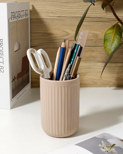 BosilunLife Ceramic Toothbrush Holder - Striped Khaki Cylinder Tumbler