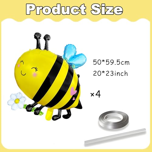 Bee Balloons Set - 4pcs Foil Daisy Honeybee Balloons for Parties