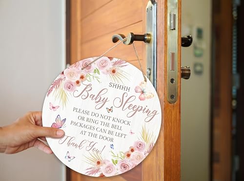 Baby Sleeping Hanging Door Sign 10 Inch Floral Wooden Round Hanger