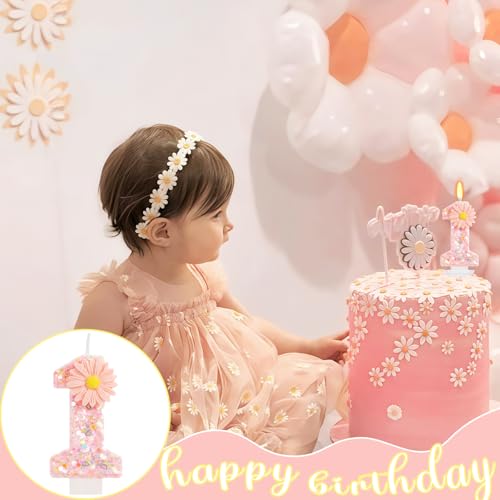 Pink Daisy Flower Number 1 Birthday Candle with Tray - Glitter Cake Topper