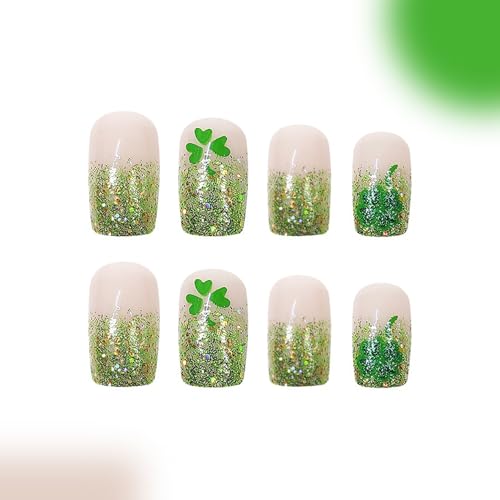 St. Patrick's Day Press on Nails Medium Square Green French Tip False Nails