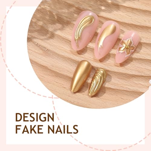 Gold Flower Press on Nails Medium Almond Fake Nails 3D Gold Lines