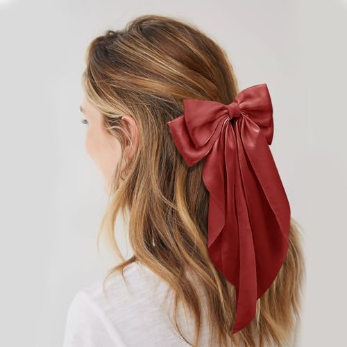 Kivzex Large Silky Satin Hair Bow Clip, Brick Red Long Tail Hair Ribbon