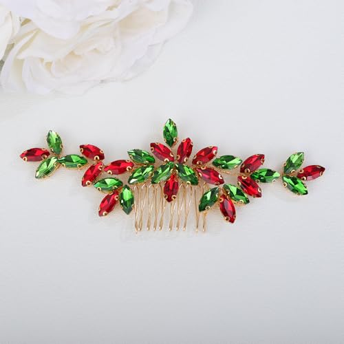 Teyglen Gold Crystal Wedding Hair Comb Red and Green Rhinestone Headpiece