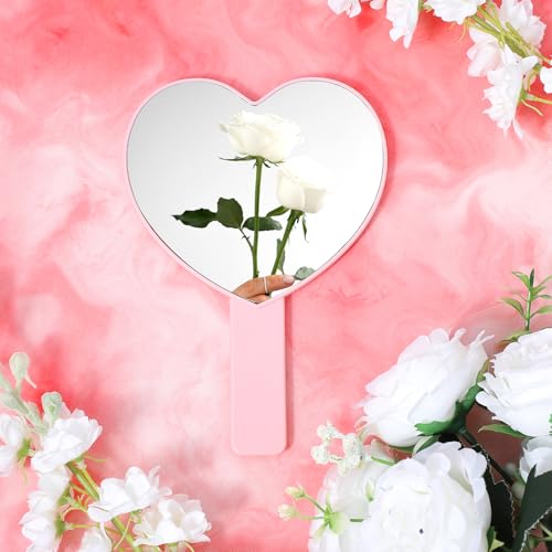 Pink Heart Shaped Handheld Makeup Mirror Small Portable Cosmetic Mirror