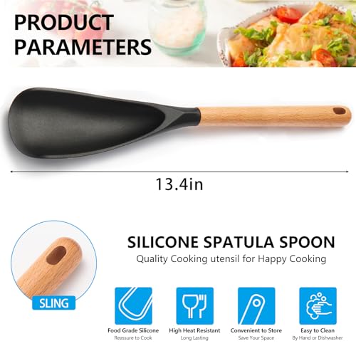 Heat-Resistant Silicone Cooking Spoon with Wooden Handle - 13.4''