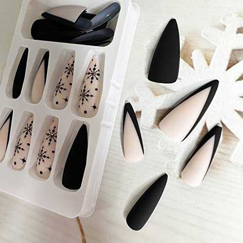 LETSWIN Black Snowflake Almond Press on Nails with Rhinestones 24 Pcs