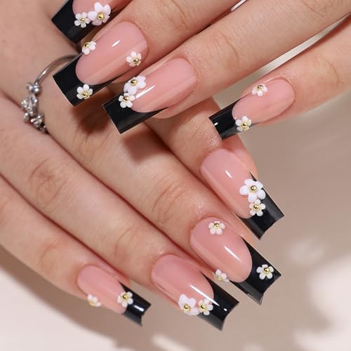Black French Tip Press On Nails Long Square Fake Nails Kit with Flowers