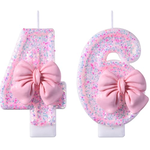 46 or 64 Birthday Candle with Pink Glitter Bow, Number Cake Topper