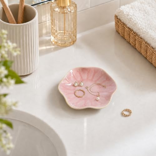 Pink Lotus Leaf Ceramic Jewelry Tray - Small Trinket Dish for Rings
