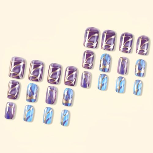 Square Purple Press on Nails with Gold Line Ombre Design False Nails