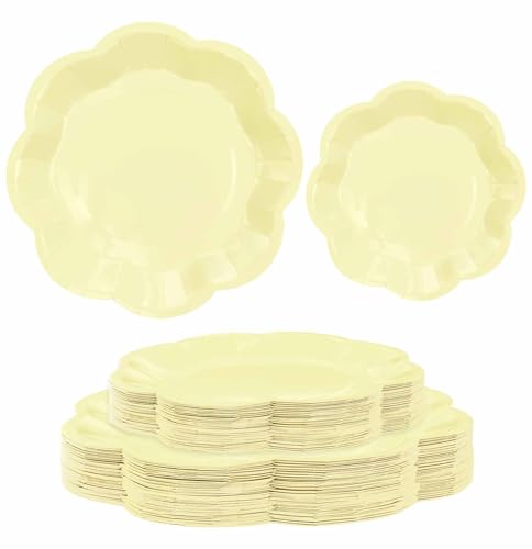 Yellow Paper Plates - 50 PCS Scalloped Disposable Plates Set