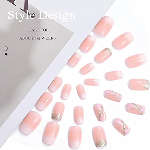Medium Square Gradient French Press on Nails Glossy False Nails 24PCS