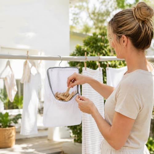 CHENZORVAX Hanging Mesh Clothespin Bag with Hook, White - 11.8 x 7.8 In