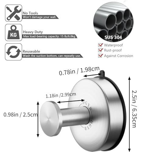 DGYB 2 Pack Brushed Nickel Suction Cup Hooks for Bathroom - Removable Wall Mount Towel & Robe Hooks