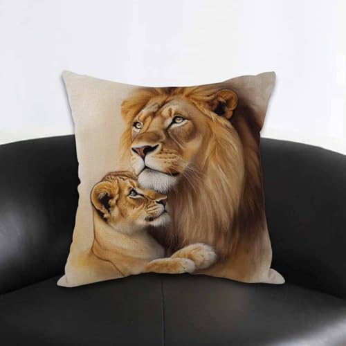 AOYEGO Lion and Cub Throw Pillow Cover - 18x18 Inch Cotton Linen Cushion