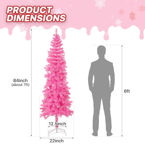 Pink 7ft Hinged Artificial Christmas Tree with Metal Stand - Slim & Easy Assembly