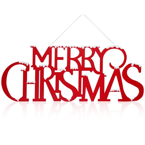 Large Snowy Metal Merry Christmas Wall Sign - 36x12 Inch Holiday Door Decor