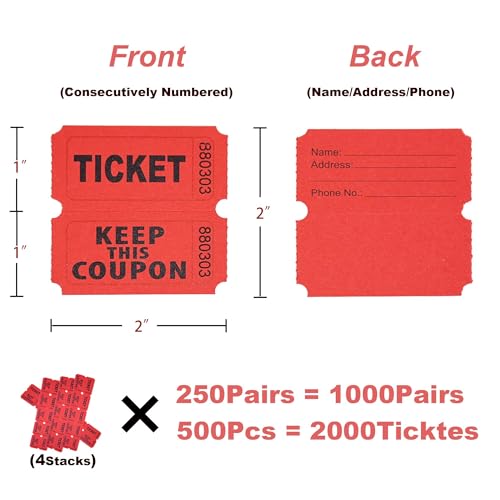 Homrelaxy Red Double Raffle Tickets 2x2 Inch Pack of 2000 for Events