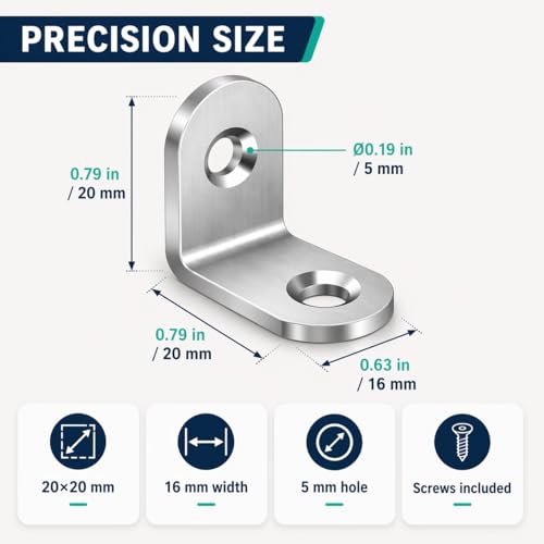 40 Pack Stainless Steel L Brackets, 20mm Corner Braces with 80 Screws