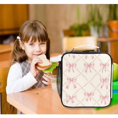 ALAZA Pink Bow Plaid Insulated Kids Lunch Box with Shoulder Strap - AB03