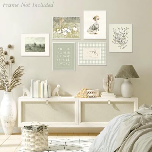 Sage Green Nursery Wall Art Set - 6Pcs Vintage Floral Animal Prints 8x10