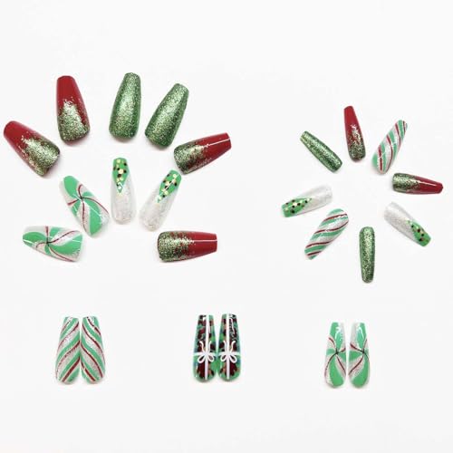 LINMEIZAI Short Square Christmas Press on Nails Glitter False Acrylic Kit