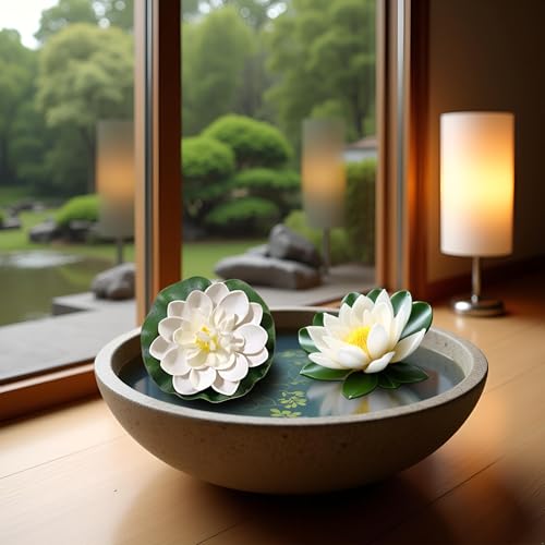 Set of 6 Large White Artificial Lotus Flowers with Lily Pads