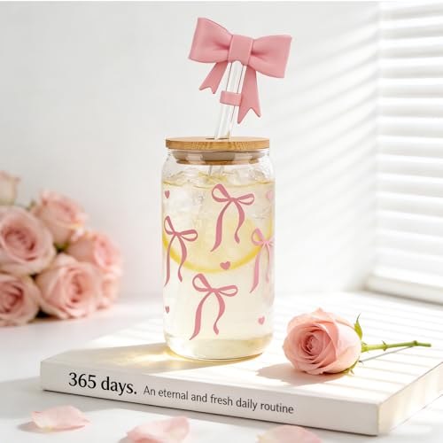 Mason Life 18oz Bow Glass Cup with Straw & Keychain - Pink