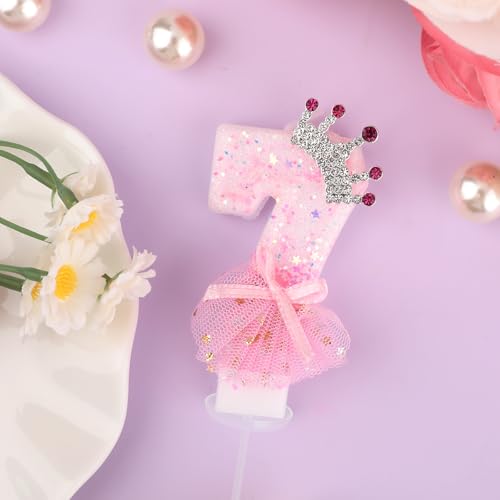 Pink Number 7 Birthday Candle with Glitter Crown and Bow Cake Topper