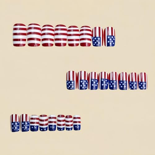 USA Flag Press on Nails Medium Square French Glossy Fake Nails 24Pcs
