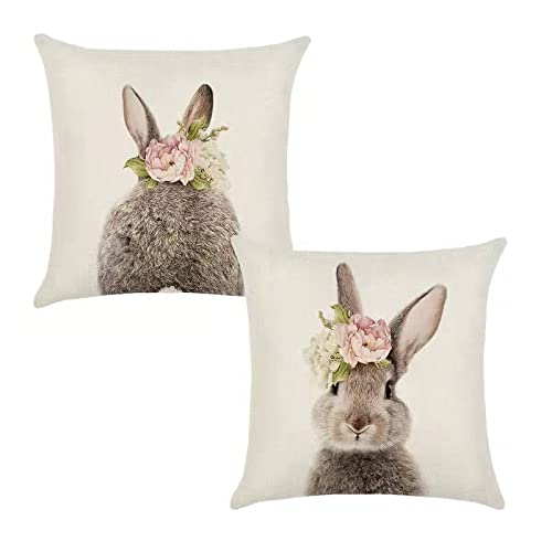 Easter Bunny Throw Pillow Covers 18x18 - Set of 2 Linen Decor