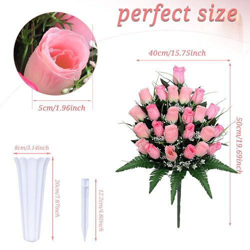 Artificial Cemetery Flowers with Vases - 2 Sets of Memorial Rose Bouquets