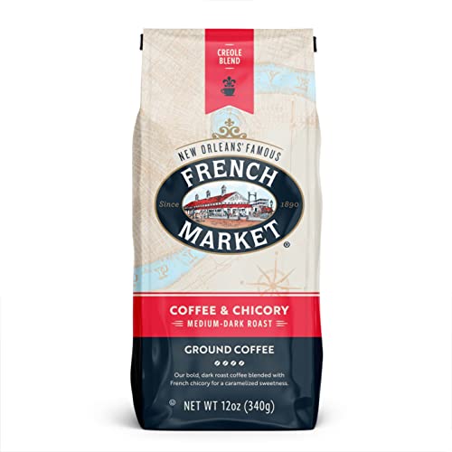 French Market Dark Roast Coffee & Chicory - Medium-Dark Ground Blend 12oz (Pack of 1)